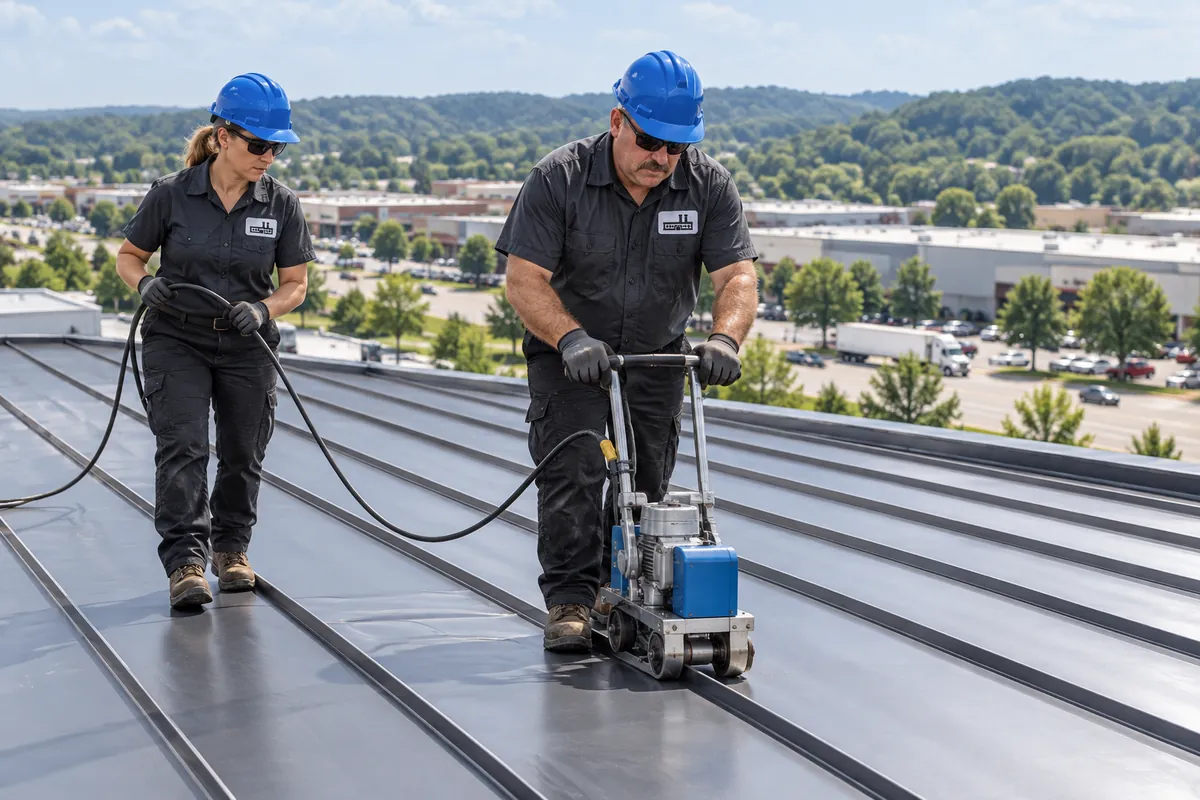Roofers fastening standing seam metal panels on a commercial building