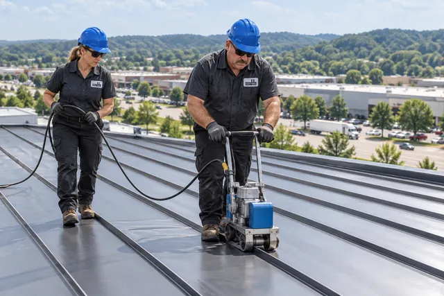 Roofers fastening standing seam metal panels on a commercial building