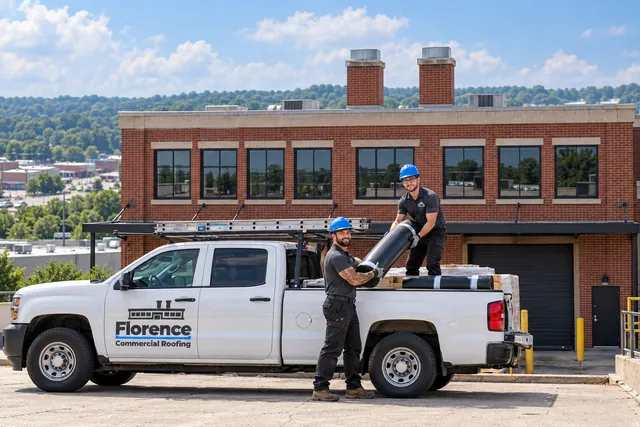 Roofing truck loaded with membrane rolls and insulation boards beside a commercial building