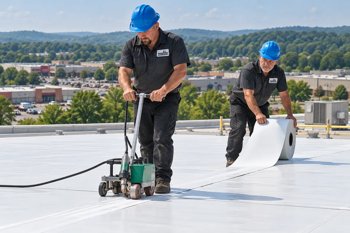 Roofers rolling out and welding white TPO membrane on a commercial flat roof